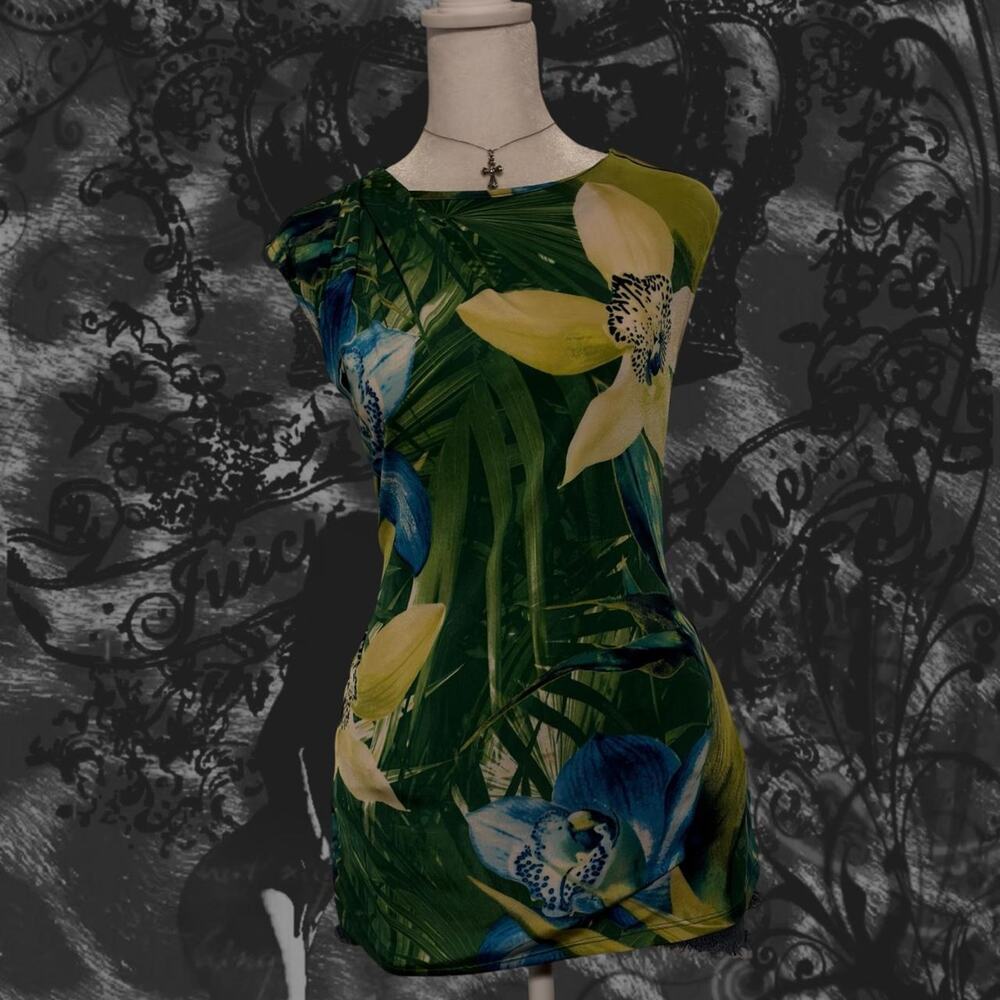 elegant lush tropical botanical print green yellow blue fairy boho whimsical top